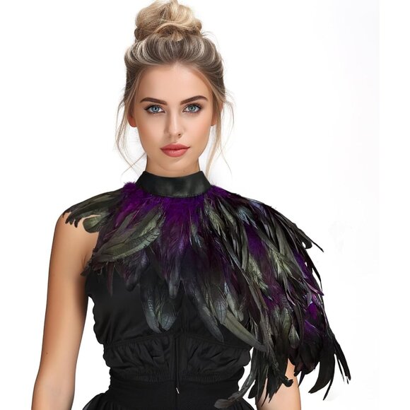 Women Feather Cape Shawl Costume Black Witch Wings Collar Adult Crow Neck - Picture 1 of 6